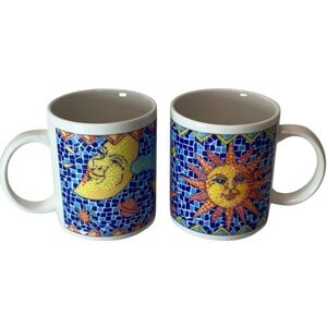 vtg STUDIO NOVA Mugs Set of 2 Sunny Days & Moonshine Sun and Moon Mosaic Blue +